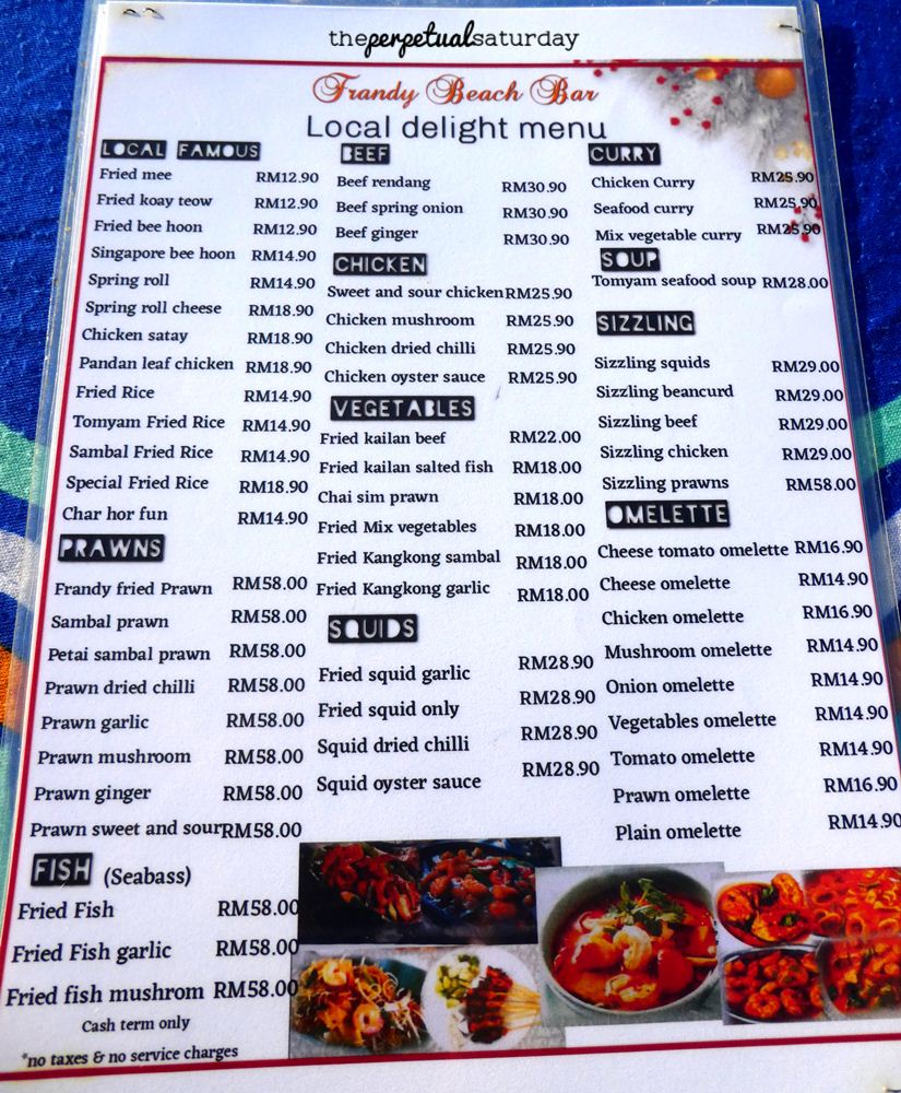 Frandy Beach Bar menu, Batu Ferringhi, Penang