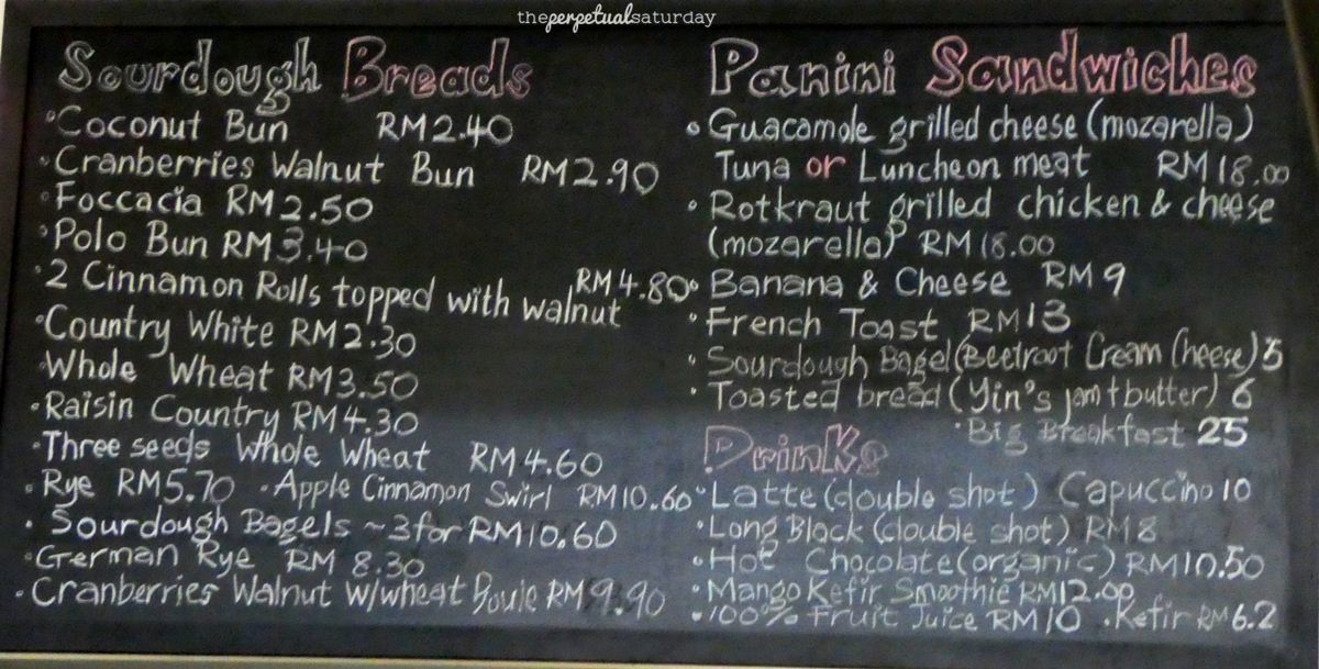 Yin's Sourdough Bakery menu, George Town, Penang