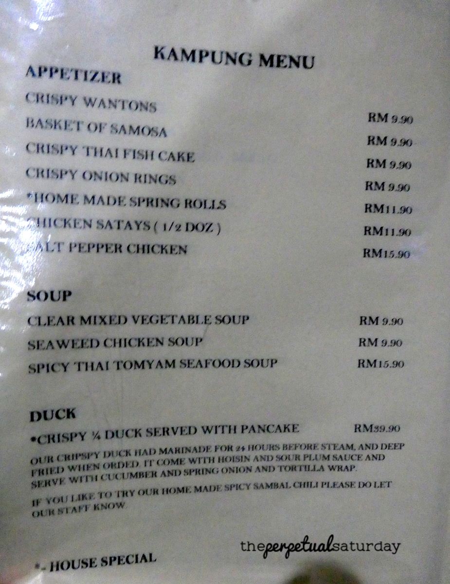 Andrew's Kampung menu, Batu Ferringhi, Penang, Andrew's Kampong Cafe menu