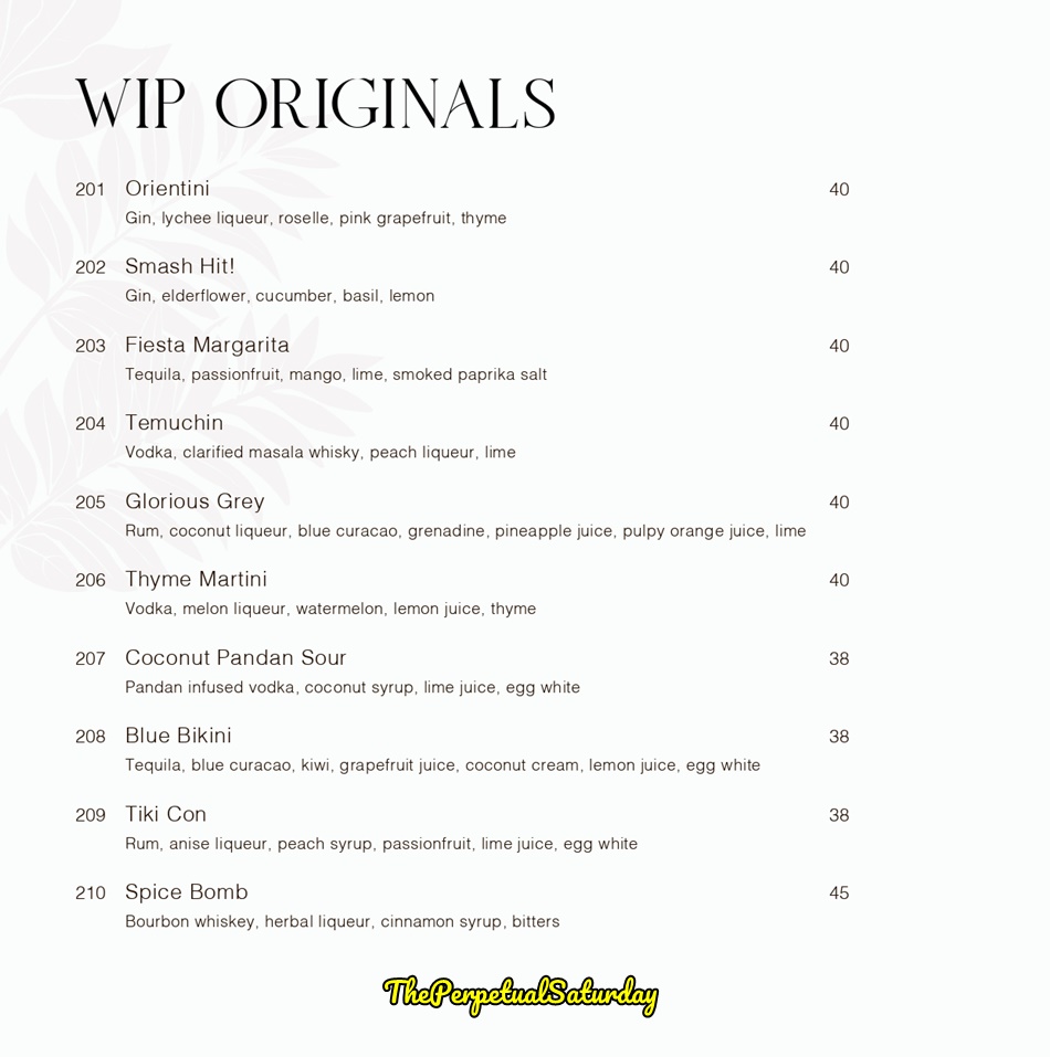WIP on the Park drinks menu prices